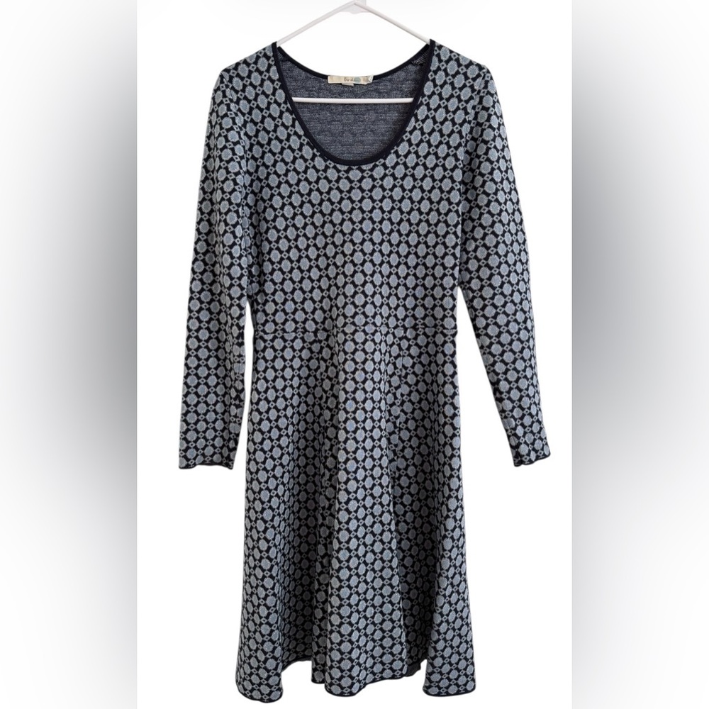 Boden Blue Metallic Lurex Cotton Knit Fit Flare Geo Print A Line Dress